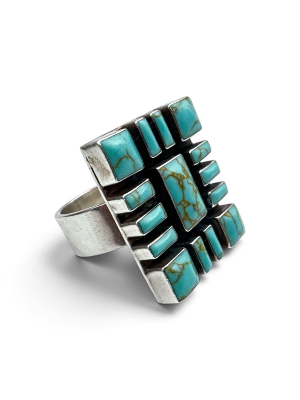 Vintage Sterling Silver Turquoise Geometric Mosaic Statement Ring Size 9
